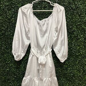 HYFVE OFF SHOULDER SATIN TIE WAIST MIDI/ABOVE KNEE DRESS